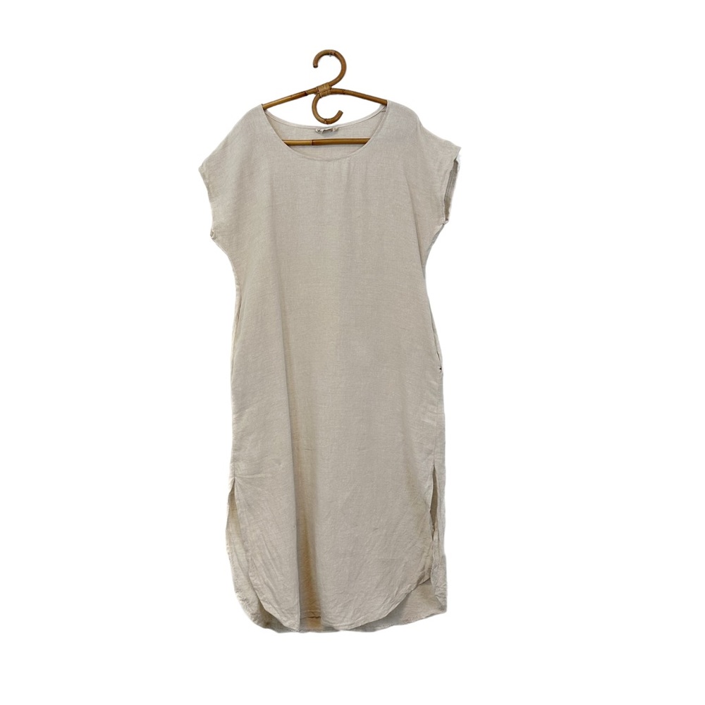 Peplum Co. |  100% Linen Short Sleeve Oatmeal Midi Dress Size S‎